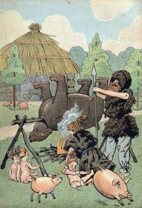 Geschiedenis van Frankrijk. Scène van barbaarse Gallië met speelgoed: een Galliër en een Galliër gekleed in beestenvacht koken een beer om hun familie te voeden. in 