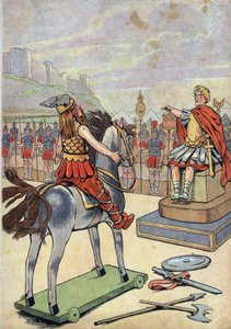 Geschiedenis van Frankrijk. Scène van Romeins Gallië met speelgoed: Gallische leider Vercingetorix (72-46 v.Chr.) gaat naar Romeinse leider Julius Caesar (100-44 v.Chr.) na de slag bij Alesia in 52 v.Chr. in 