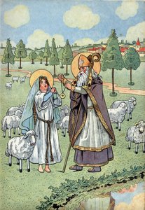 Geschiedenis van Frankrijk. Scène uit het leven van Sint Genevieve met speelgoed: De bisschop Saint Germain d
