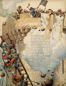Geschiedenis van Frankrijk in de Middeleeuwen: Jeanne Laisne, genaamd Jeanne Hachette (overleden 1454), verdedigt de stad Beauvais met andere vrouwen die kokende olie van de torens gooien tijdens het beleg van de stad in 1472 door koning Karel de Stoute