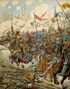 Geschiedenis van Frankrijk in de Middeleeuwen: Koning Lodewijk XI genaamd de Voorzichtige (1423-1483) aan het hoofd van zijn leger tijdens de Slag bij Montlhéry tegen de Ligue du Bien Public, 16 juli door pseudonym for Onfray de Breville Jacques Job