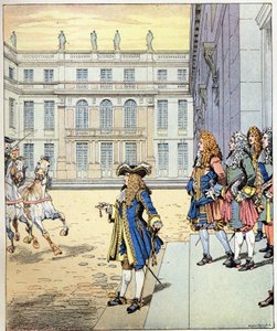 Ik heb bijna gewacht! de woorden van de koning van Frankrijk Lodewijk XIV, genaamd Zonnekoning (1638-1715), uitgesproken voor het kasteel van Versailles toen zijn koetsen precies op tijd arriveerden. Illustratie van Job (Jacques Marie Gaston Onfray de Brev