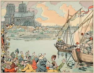 Illustratie uit het boek Le bon roy Henri, geïllustreerd door Jacques Marie Gaston Onfray de Breville, genaamd JOB (1858-1931): Parijs herbevoorraad - Privécollectie door pseudonym for Onfray de Breville Jacques Job
