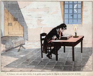 In Valencia (gevangenis) maakt Napoleon van de gelegenheid gebruik om de Digest te bestuderen en zeer sterk te worden in de wet - lithografie door Job (Jacques Onfroy de Breville) uit Le Grand Napoleon des Petites door pseudonym for Onfray de Breville Jacques Job