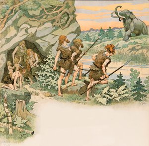 Jacques Marie Gaston Onfroy de Breville genaamd JOB (1858-1931) - Tijdens de prehistorie beschermen holbewoners hun families tegen een mammoetaanval