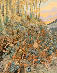 Geschiedenis van België: Slag bij Aduatuca, in de Vallei van de Geer in 54 v.Chr., de Eburonen (Belgen) slachtten de Romeinse legioenen van Caesar af tijdens de Gallische Oorlog, Privécollectie door pseudonym for Onfray de Breville Jacques Job