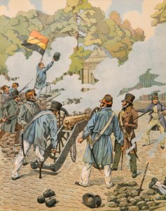 Geschiedenis van België: Jean Joseph Charlier (1794 - 1866) genaamd de houten poot richt zijn stuk artillerie tegen de Nederlandse troepen in het park van Brussel in september 1830, Privécollectie