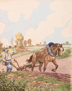 Le retour à la terre (Franse militair keert terug naar zijn veld na het einde van de Eerste Wereldoorlog), Privécollectie door pseudonym for Onfray de Breville Jacques Job