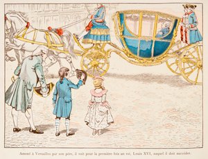 Napoleon Bonaparte naar Versailles gebracht door zijn vader ziet koning Lodewijk XVI voor het eerst in 1770, Privécollectie door pseudonym for Onfray de Breville Jacques Job