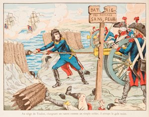 Napoleon Bonaparte zelf laadde het kanon voor de trommelaars van de onverschrokken mannen bij het beleg van Toulon in 1793, Privécollectie door pseudonym for Onfray de Breville Jacques Job