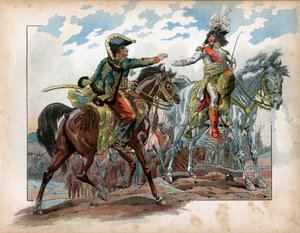 Joachim Murat (1767-1815) en generaal Antoine Charles Louis de La Salle (Lasalle) (1775-1809) tijdens de Slag bij Heilsberg in 1807. Gravure door Jacques Marie Gaston Onfray de Breville, genaamd Job
