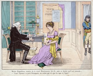 Josephine en de notaris - Maitre Raguideau, notaris van de weduwe Beauharnais, zei tegen haar, Jij! trouw met deze kleine Bonaparte - lithografie door Job (Jacques Onfroy de Breville) uit Le Gran