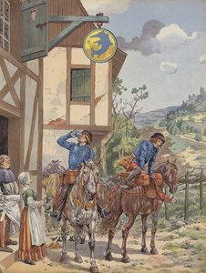 Boodschappers nemen verfrissing in een herberg langs de weg door pseudonym for Onfray de Breville Jacques Job