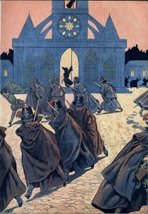 Scène uit de geschiedenis van Frankrijk in speelgoed: De Sint-Bartholomeüsnacht. Een monnik luidt de stormklok van de kerk Saint Germain l