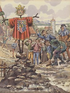 De mensen van Dinant bespotten een beeltenis van Karel de Stoute, hertog van Bourgondië (kleur litho) door pseudonym for Onfray de Breville Jacques Job