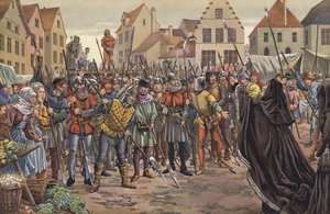 Maria, Hertogin van Bourgondië, smeekt het volk van Gent om het leven van twee van haar vaders raadslieden die in correspondentie waren met koning Lodewijk XI van Frankrijk