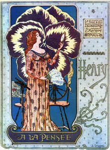 Art Nouveau: reclameposter voor de cosmeticawinkel Henry a la Pensée in Parijs. Een jonge vrouw bewondert zichzelf in een spiegel, achter haar een bloem van gedachte. Illustratie van L. Trianon door pseudonym of Trinquier Louis Trinquier Trianon