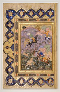 Jacht op wilde dieren, ca. 1540 (inkt, gouache en goud) door School Iranian