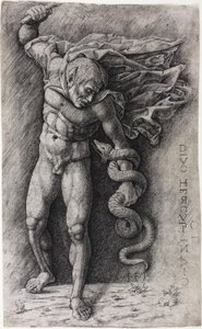 Faun die een Slang Aanvalt door school of Andrea Mantegna