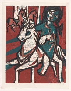 Vrouw te paard voor twee andere paarden door unknown (signed by artist)