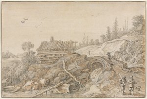 Heuvelachtig Landschap met Hut Naast een Stroom, 1627