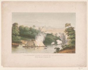 Z.M. Stoomschip Celebes in gevecht met een kotta-mara. Poeloe Kanamit, 6 Augustus 1859