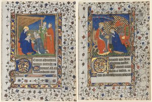 Bifolio uit een getijdenboek: Aanbidding der wijzen en kroning van de Maagd door workshop of Boucicaut Master