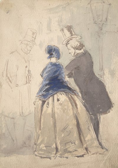 Straatscène uit Vanity Fair, met Amelia, George Osborne en Dobbin, 1800-1819 door Jerry Barret