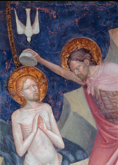 Johannes de Doper doopt Christus (detail) door Lorenzo da  Sanseverino