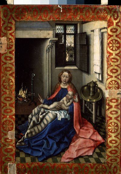 De Maagd en het Kind bij een open haard (rechterluik van een tweeluik). door Master of Flémalle