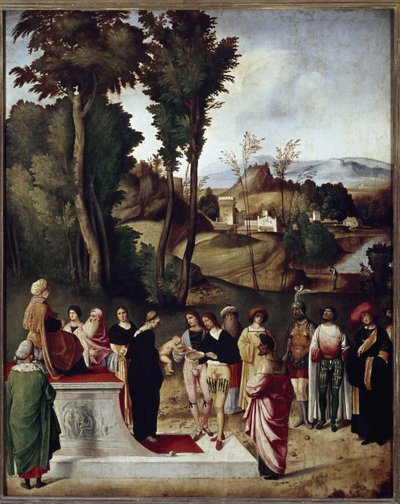 Mozes als kind onderworpen aan de vuur- en goudtest door de farao (detail) door Giorgione