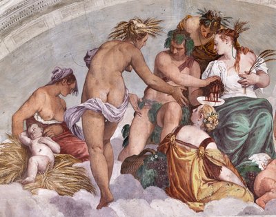 Allegorieën van Zomer en Herfst (Bacchus en Ceres), Noordelijke Muur, lunet boven de Deur naar de Tuin, Hal van Olympus door Veronese