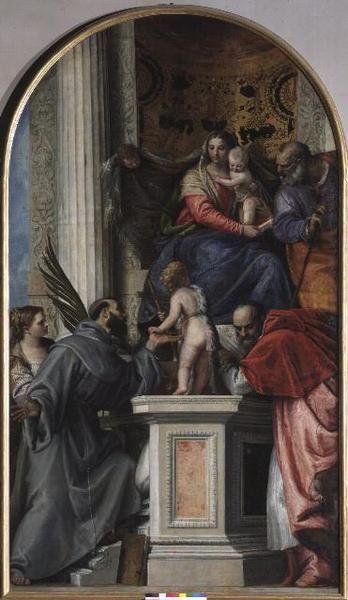 Madonna en Kind op de troon, St. Johannes de Doper als jongen, St. Jozef, St. Hiëronymus, St. Justinia en St. Franciscus door Veronese