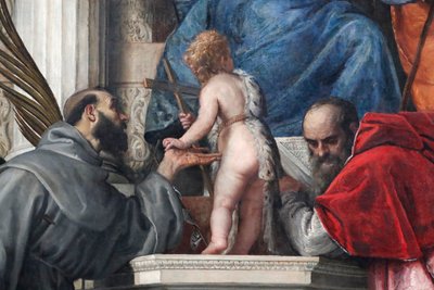 Madonna en Kind met heiligen Jozef, Justina, Franciscus, de jonge Johannes de Doper en Hiëronymus door Veronese