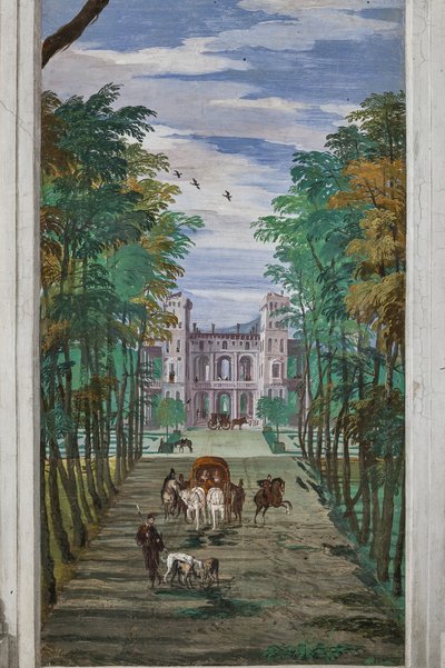 Perspectief met uitzicht op het platteland en rijtuigen, Noordelijke Muur, Bacchus Kamer door Veronese