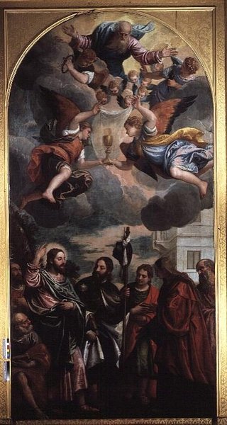 De vrouw van Zebedeüs die bij Christus pleit voor haar twee zonen door Veronese