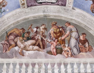 Allegorieën van Winter en Lente (Vulcanus en Venus), Zuidelijke Muur, lunet boven de Deur naar de Crociera Kamer, Hal van Olympus door Veronese
