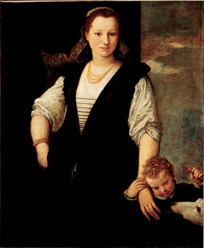 Portret van een vrouw met een kind en een hond (de kinderen van Francesco Bevilacqua?) door Veronese