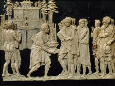 Presentatie aan Francesco I van model fontein in Pratolino, door Jean de Boulogne alias Giambologna (1529-1608), wasplaat door Giambologna