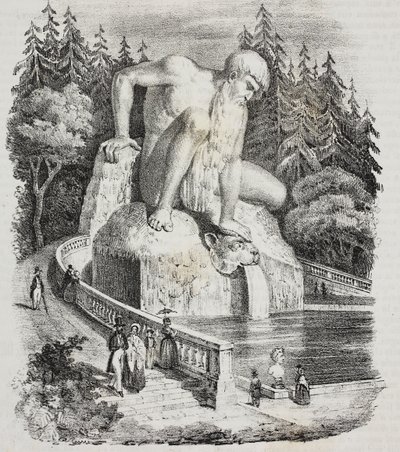 Kolossus van de Apennijnen (door Giambologna) in het park van Villa Demidoff (Villa Medicea van Pratolino), Vaglia, Toscane, Italië, lithografie door Giovanni Mariani uit Poliorama Pittoresco, nr. 10, 15 oktober door Giambologna