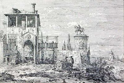 Landschap met een ruitermonument (gravure) door Canaletto