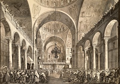 Venetiaans festival, de nieuw gekozen Doge van Venetië wordt aan het volk gepresenteerd in de San Marco Basiliek, door Giovanni Antonio Canal, bekend als Canaletto en Giovanni Battista Brustolon, gravure door (1697 1768) Canaletto
