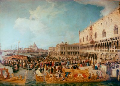 Ontvangst van de keizerlijke ambassadeur graaf Bolagnos in het hertogelijk paleis in Venetië door Canaletto