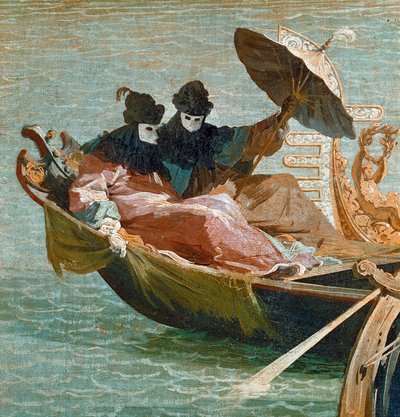 Het huwelijk van de Doge van Venetië met de Adriatische Zee: Detail van twee personages met een masker en een paraplu op een gondel (olieverf op doek, ca. 1729) door Canaletto