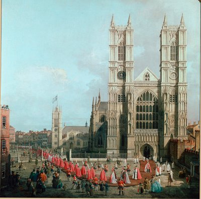 Uitzicht op Westminster Abbey en de processie van de Ridders van de Orde van het Bad. Schilderij door Giovanni Antonio Canal, bekend als Canaletto (1697-1768) 1749. Londen, Westminster door Canaletto