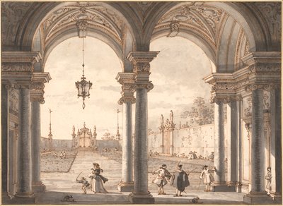 Uitzicht door een barokke colonnade naar een tuin door Canaletto
