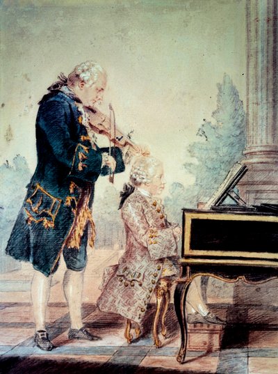 Wolfgang Amadeus Mozart (1756-1791) als kind piano spelend met zijn vader Leopold. Aquarel door Louis Carrogis Carmontelle (1717-1806) 1777 Parijs, Musée Carnavalet door Carmontelle