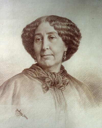 Portret van de schrijfster George Sand (1804-1876) Aurore Dupin, Barones Dudevant Tekening door Rene Jouhan (1835-?) naar een foto van Nadar door Nadar