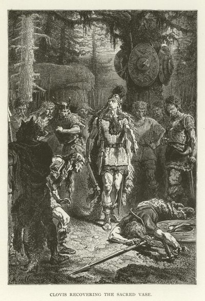 Clovis herstelt de Heilige Vaas (gravure) door (after) American School