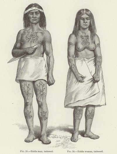 Getatoeëerde Haida vrouw en man (gravure) door (after) American School